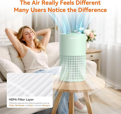 AIRROMI Air Purifier for Bedroom with HEPA 3-in-1 Filter, Pet Air Purifier for Home Cat Pee Smell, Covers Upto 990 Ft², Quiet 360°intake Air Cleaner for pet hair,allergies,Dust,Smoke A2001 Green