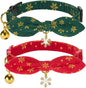 Bunny Ear Christmas Bowtie Cat Collar with Bell 2 Pack Cotton Breakaway Snowflakes Holiday Kitten Collars(Red+Green)