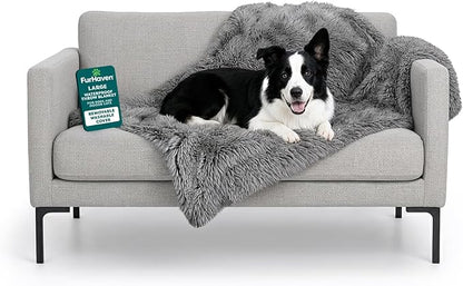Furhaven Waterproof Throw Blanket for Dogs & Indoor Cats, Washable - Shaggy Plush Calming Long Faux Fur & Velvet Dog Blanket - Gray, Large