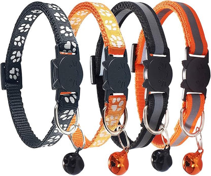 Breakaway Reflective Nylon Cat Collars with Bell (2 Black + 2 Orange)