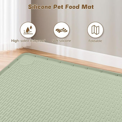 Cat Food Mat, 57" x 40" Extra Large Silicone Pet Feeding Mat with Raised Edge Pet Placemat for Food and Water Bowl Non-Slip, Easy to Clean, Floor Protection (Green)