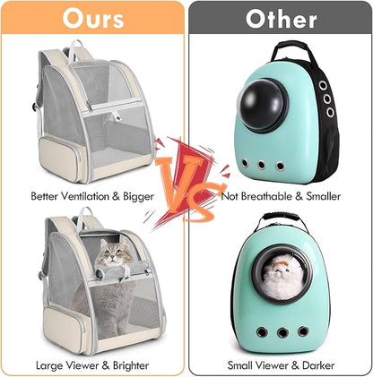 Cat Backpack Carrier, Large Pet Carrier Backpack with Kitten Wand Feather Toy for Medium Small Dog Cat Puppy Kitty Bunny up to 15lbs, Ventilated Mesh Kitten Bookbag for Travel Walking Outdoor (Beige)