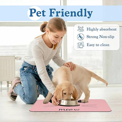 Pink Cat Dog Food Mat–Christmas Stocking Absorbent Quick Dry Feeding Placemat for Food and Water Bowls, Non Slip Rubber Backing, Waterproof Pet Supplies for Mess-Free Eating 12"x20"