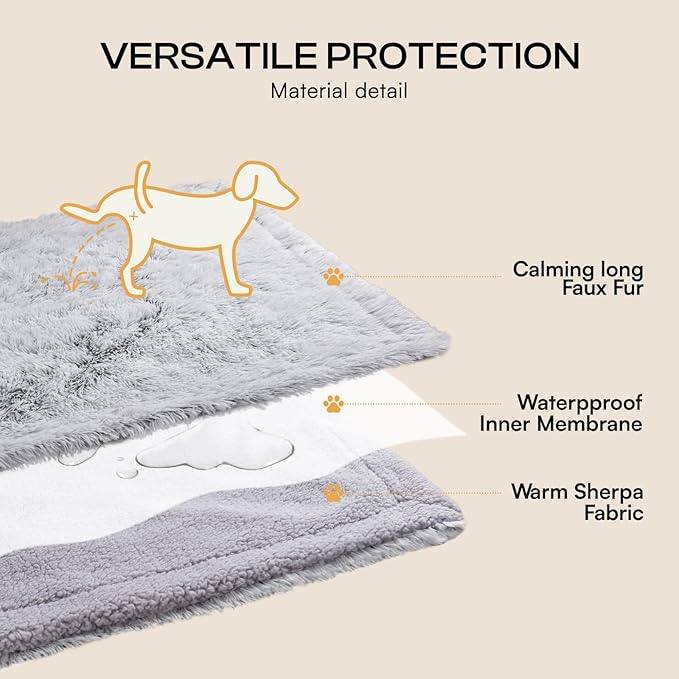 Luciphia Large Waterproof Dog Blanket Pet Washable Liquid Proof Furniture Protector Medium Shaggy Plush Calming Long Faux Fur Bed Cover for Couch Cat Blankets Kitten Doggy, Mist Grey, 40" x 50"