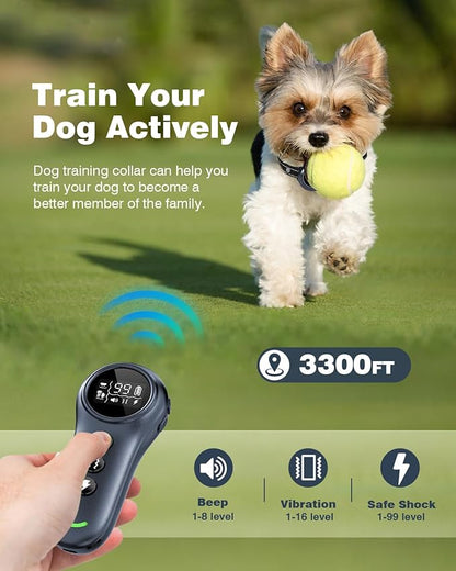 2-in-1 Dog Shock Collar & Dog Bark Collar - Smart Anti Barking Dog Training Collar with 5 Adjustable Sensitivity & 3300FT Remote for All Breeds IP67 Waterproof E-Collar