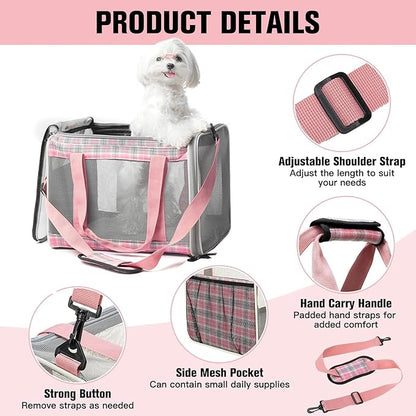 EXPAWLORER Large Cat Carrier Dog Carriers Soft for Small Medium Cats Puppies Up to 20lbs, Airline Approved Pet Carrier Soft-Sided Collapsible Pet Travel Carrier Fit 2 Kitties (Pink)
