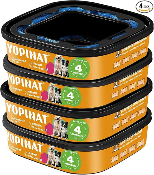 2 IN 1 Genie Refill Bags for Dog Cat 4 Pack - Total 112FT Lasts Up to 16 Months - Superior Odor Control for Dog Poop Cat Litter Bags - Pet Waste Refill Bags Fits Pet Genie and Litter Genie Pails