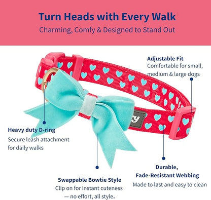 Blueberry Pet Adjustable Flocking Dog Collar for Large Dogs, Pink Girl Dog Collars with Detachable Velvety Bowtie, Heart in Lust Red, Spring Dog Collar for 18-26 Inch Neck