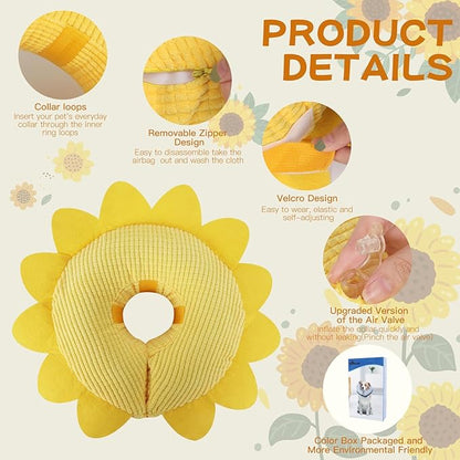 IEUUMLER Inflatable Recovery Dog Collar, Protective Donut Cone, Adjustable Soft Collar for Dog and Cat After Surgery Prevent from Biting & Scratching EU002 - Sunflower L+
