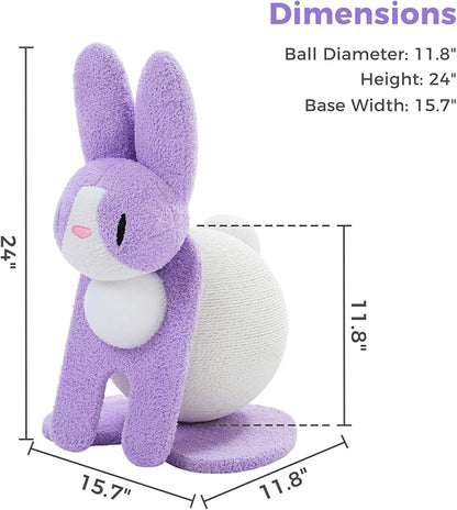 Cute Cat Scratching Post- Bunny Style, Cat Scratcher Toy with Paper Rope, Extra Large Cat Scratch Ball (Ø11.8) for Indoor Kitten, Rabbit Scratch Ball for Kitty to Climb & Play, Purple
