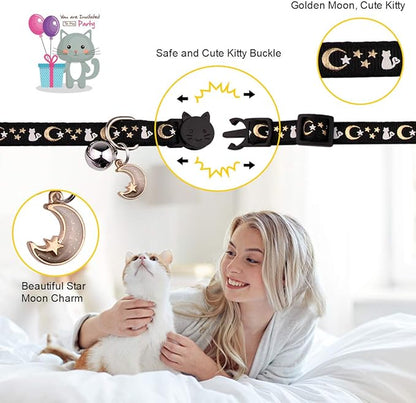 Baeuppit 2PCS Breakaway Cat Collars with Bell Moons Stars Cute Kitty Adjustable Safe Kitten Collars with Pendant Glow in The Dark(Black&Pink)