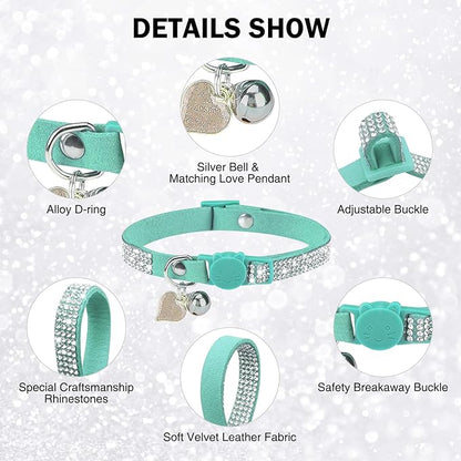 Rhinestone Cat Collar Breakaway with Bell, Diamond Cat Collar with Safety Buckle Quick Release for Girl Boy Small Kitten Pets Puppy,Cute Soft Female Male Cat Collars, Color Green 8-12"