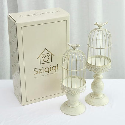 Birdcage Candle Holder Decorative Bird Cages for Weddings Vintage Candlestick Holders Wedding Candle Centerpieces for Tables Iron Candleholder Set Home Decor Distressed Ivory