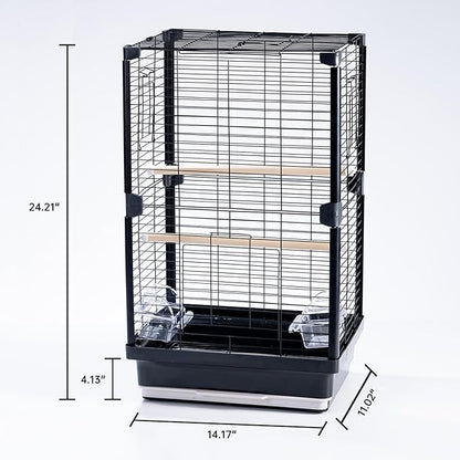 25 inch Bird Cage, Portable Travel Parrot Cage, Double-Layer Parakeet Cage, for Temporary Pet Accommodation, Trip to Vet, Short Trip, Camping, Black