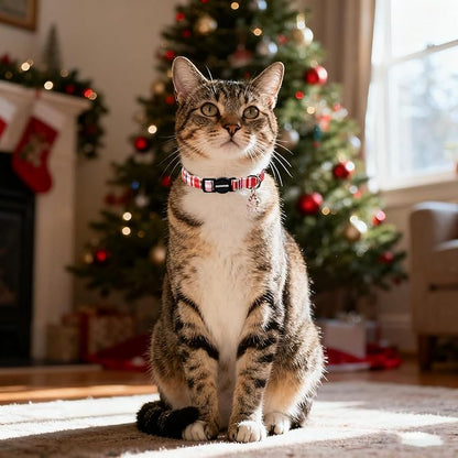 2 Pack Christmas Plaid Cat Collars Breakaway with Bell, DOGWONG Safety Buckle Red Plaid Cute Cat Collar for Girl Boy Cats，Adjustable 7-12 Inch