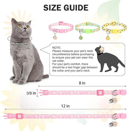 Cat Collars for Girl Cats, 3 Pack Spring Flower Cat Collars Breakaway with Bell for Outdoor Indoor Kitten, Cute Collar with Safety Buckle Adjustable 8"-12" for Kitty Puppy Small Pets, Floral