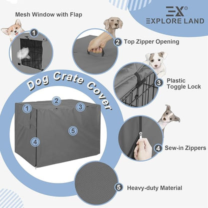 Explore Land Dog Crate Cover Heavy Duty Polyester Pet Kennel Sunshade Universal Fit for 36 inches Wire Cage (Grey)