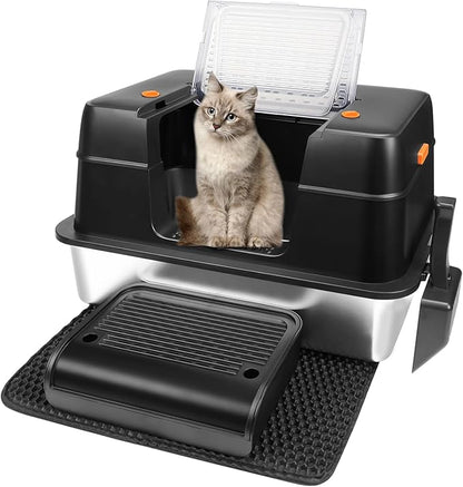 Vivifying Stainless Steel Litter Box, XL Side Entry Extra Large Litter Box with Lid for Big Cats & Kitty, Removable Enclosed Metal Cat Pan with High Sided Enclosure, Scoop, Mat, Footboard (Black)