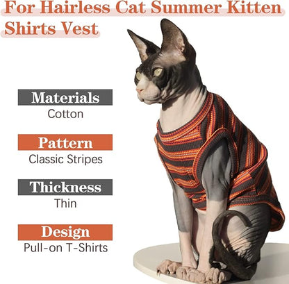 BRKURLEG Sphynx Hairless Cats Shirt Puppy Clothes Soft Cotton T-Shirts Cute Cats Pajamas Cat Stripes Vest Pet Sweater, Round Collar Vest Kitten Shirts(Red Stripes, L)