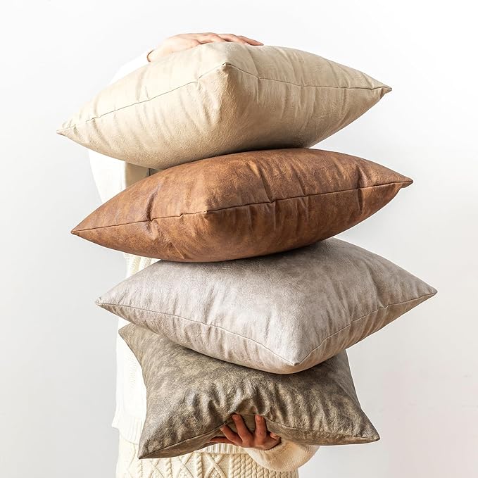 Oversized Leather Pillow Covers Vintage Decorative, Pack of 2 Square Rustic Abrasion Floor Cushion Covers, for Home Decor Outdoor Waterproof Pet Hair Resistant Pillow Covers 26x26 Olive Green