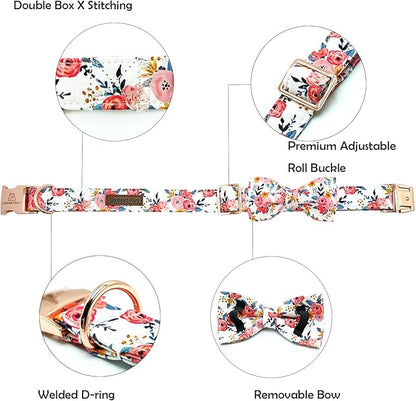 Lionheart glory Dog Collar Bow Collar Floral Dog Collar with Bow Tie Spring Summer Cute Collar Dog Boy or Girl Dog Collars Soft Durable Adjustable Dog Collars for Small Dogs