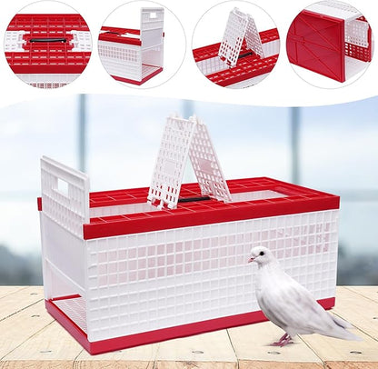 Folding Pigeon Cage with Handle, Portable Plastic Bird Travel Carrier Cage with 3 Doors & Ventilation Grids, Red & White Training Release Nest Box for Racing Pigeons (Holds Up to 14 Birds)