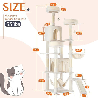 Large Cat Tree 75 Inch, Multi-Level Tall Cat Tree Tower with Condo, Perches, Sisal Scratching Posts Board and Hammock, Pet Play House with Dangling Balls for Indoor Cats, Beige