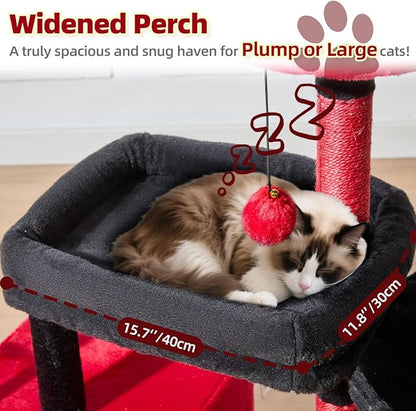 Taoqimiao MS043BR Cat Tree, 32.2-Inch Cat Tower for Indoors Cats, Cat Condo with Large Cat Perch, Spacious Cat Cave, Scratching Posts for Small and Medium Cats, Black and Red