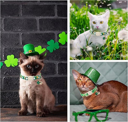 ARING PET 2 Pack St. Patrick's Day Cat Collars-Cute Green Clovers Cat Collar Breakaway with Bell&Pendant, Adjustable Lucky Trefoil Shamrock Kitten Collars with Safety Buckle