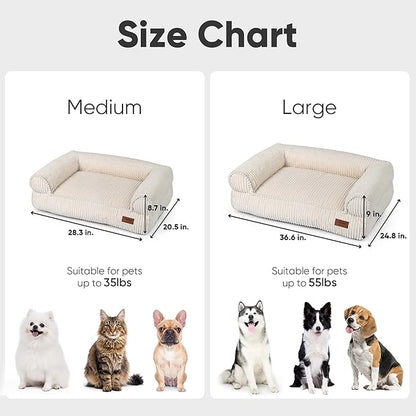 FUKUMARU Cute Dog Bed, Thickened Orthopedic Dogs Couch, 36in Egg Crate Foam Pet Sofa for Medium to Large Dogs, Waterproof Warm Corduroy Pet Bed with Washable Cover, Cream
