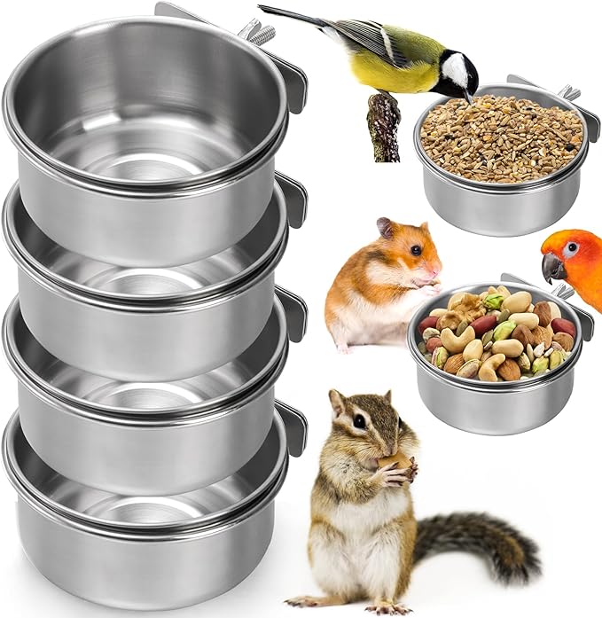 Okllen 4 Pack Bird Feeding Dish Cups, Detachable Stainless Steel Bird Food Bowls with Clamp for Chinchilla Parrot Cockatiel Conure Budgies Parakeet Small Animal