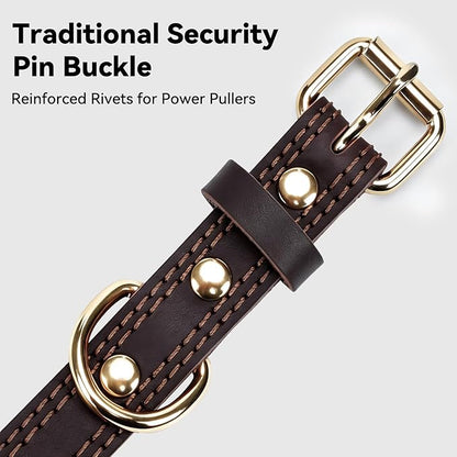 Joytale Leather Dog Collar for Small Dogs, Genuine Solid Sturdy Leather for Active Small Breeds, Adjustable Metal Pin Buckle, Durable and Secure Pet Collar for Daily Use, Brown, XS
