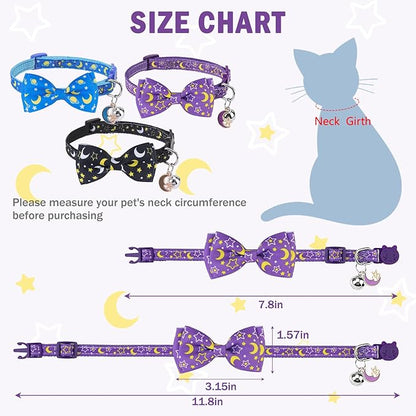 SCENEREAL Breakaway Cat Collar with Bell, 3 Pack Safety Adjustable Cat Collars with Pendant, Spring Summer Personalised Puppy Kitten Collar with Bowtie for Boys Girls, Star and Moon Elements