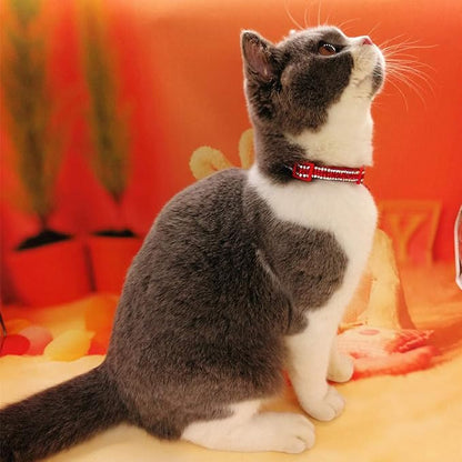 THAIN Basic Adjustable Cat Collar Bling Diamond Breakaway with Bell for Kitten Girl boy (Red)