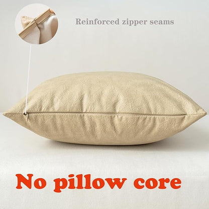 Oversized Vintage Decorative Pillow Covers, Pack of 2 Soft Rustic Abrasion Leather Throw Pillow Covers, for Home Decor Outdoor Waterproof Pet Hair Resistant Cushion Cover 26x26 inch Beige