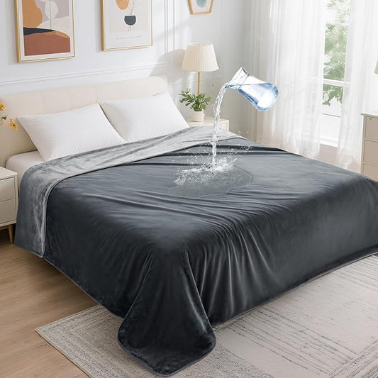 LOOBANI Waterproof Blanket for Bed: Reversible Soft Flannel Queen Bed Blanket 80" x 90", Waterproof Dog Blankets for Large Dogs, Spill-Proof Cover for Furniture Protection, Movie Time, Grey
