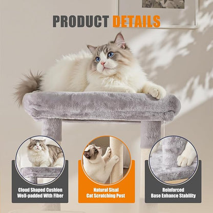 DUMOS Large 63in Cat Tree Tower, Multi Level Cat Climbing Tower with Condo, Natural Sisal Scratching Posts, Extended Platform, Hammock, Pet House for Indoor Cats and Kittens Play, Light Grey
