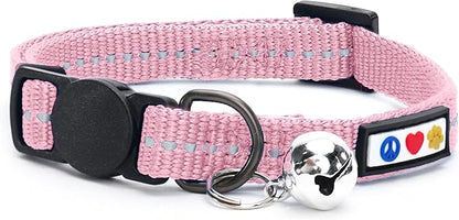 Pawtitas Recycled Pink Reflective Cat Collar – Eco-Friendly Breakaway Safety Buckle, Adjustable Kitten & Adult Collar with Removable Bell and High-Visibility Strap