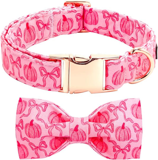 Dog Collar, Pink Pumpkin Print Adjustable Pet Collar Cute Cotton Soft Collars with Bow Tie Fall Metal Buckle Holiday Puppy Collars Boy&Girl Gift for X-Large Dogs