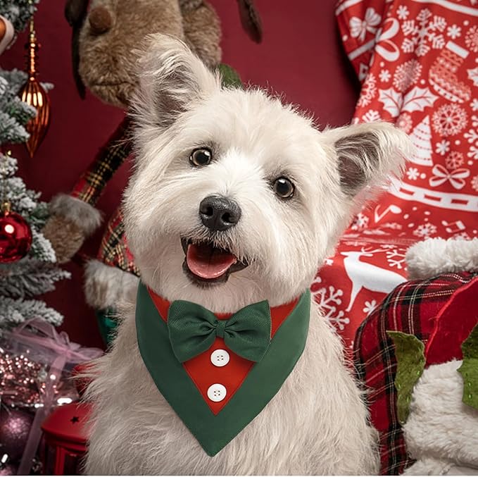 FUAMEY Dog Tuxedo Christmas for Small Dogs,Dog Formal Suit Dogs Attire Pet Bow Tie Puppy Party Costumes Cat Tux Outfits Pets Bandana Cosplay Adjustable Bowties Christmas Green Red S