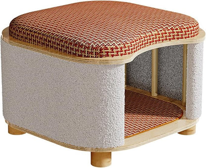 Cat Bed for Indoor Cats – Wooden Cat House with Scratching Pad, Multi-Functional Cat Furniture & Hideaway Stool, Durable Wooden Cat Cabinet Cottage for Kittens