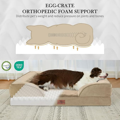 Comfort Expression Orthopedic Dog Bed for Large Dogs 36x27 Inch, Waterproof Egg Crate Foam Large Pet Bed with Removable Bolsters, Dog Couch with Washable Cover & Non-Slip Bottom, Light Brown