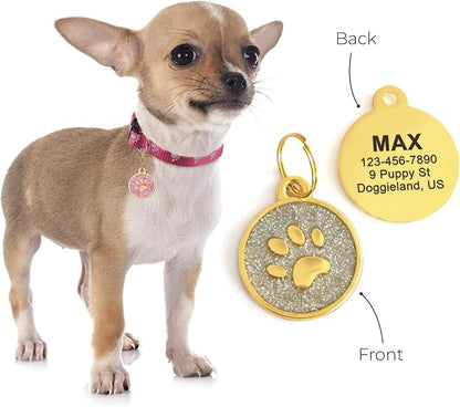 Paw Shape Dog ID Tag Stainless Steel Custom Laser Engraved, Cute Bling Glitter Pet Name Tags Personalized with Durable Engraving (Gold Sparkly Round Paw)