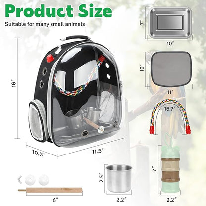 Rypet Bird Carrier Backpack Parrot Portable Breathable Bag Pet Bird Lightweight Travel Cage with Standing Perch and Stainless Steel Tray（Black）