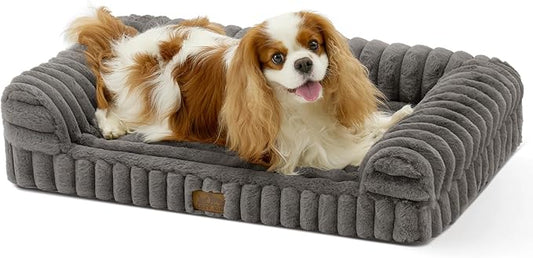 Cute Dog Bed for Small Dogs, Faux Rabbit Fur Orthopedic Foam Dog Bed with Sides, Removable Washable Cover & Waterproof Lining, Comfortable Pet Couch, Grey (30" L x 20" W x 6" Th)