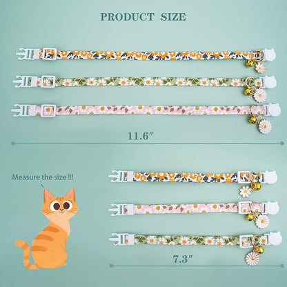 Faygarsle 3 Pack Cotton Safe Breakaway Cat Collars with Bell Daisy Charm Green Orange Pink Kitty Kitten Cute Cat Collars for Girl Cats Female Cats