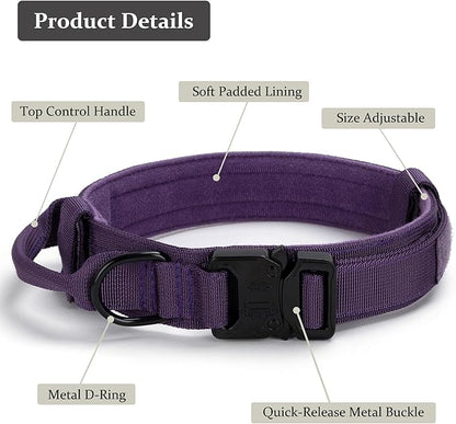 Tactical Dog Collar, Adjustable Military Training Nylon Dog Collar with Control Handle and Heavy Quick-Release Metal Buckle for Small Medium Large Dogs, Purple XL