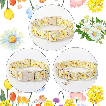 Adjustable Floral Dog Collar, Yellow Sunflower&Butterfly Dog Collars for Giant Large Dogs, Lightweight Quick-Release Buckle Collar for Boy&Girl Dogs XL