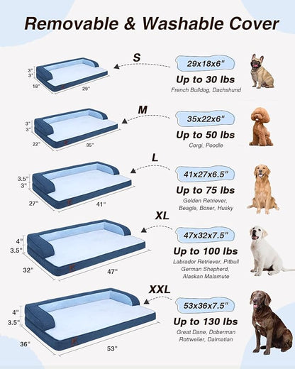 KSIIA Washable Dog Bed XXXL Senior Dog, Orthopedic Warm Soft Pet Sofa Waterproof Pet Couch with Sides, Non-Slip and Egg-Crate Foam Jumbo Beds with Removable Cover, 53x36Inch, Blue