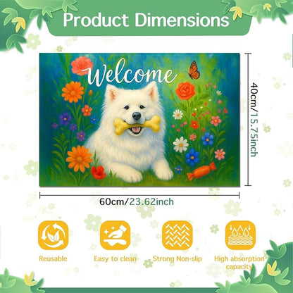 Welcome Spring Pet Feeding Mat 24" x 16"White Dog Floral Design Non Slip Cat and Dog Bowl Mat Easy Clean Pet Mats for Food and Water Fast Dry Pet Food Mat Absorbable Pet Feeding Pad